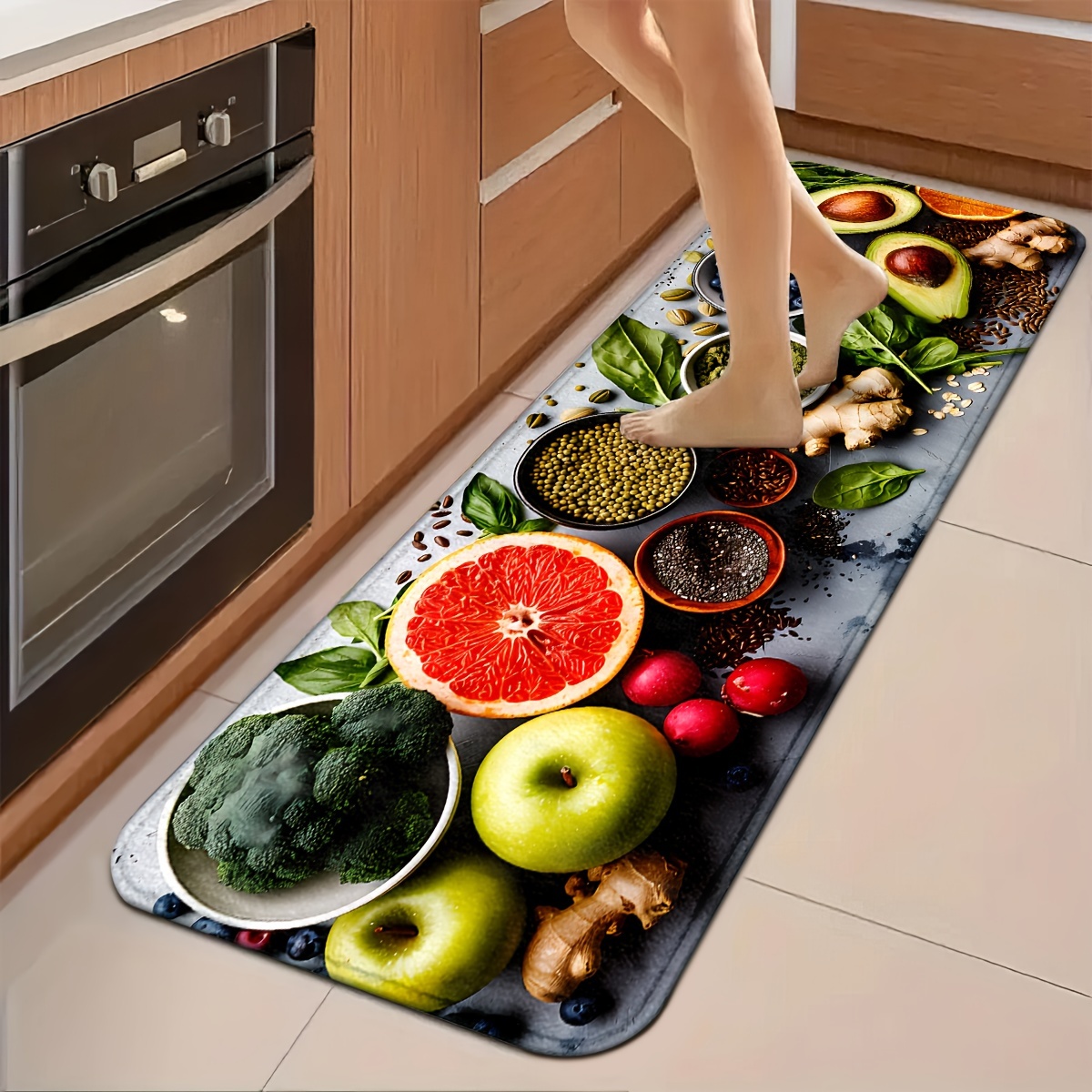Commercial Kitchen Background - Realistyczny dywanik z motywem brokułów, jabłek,