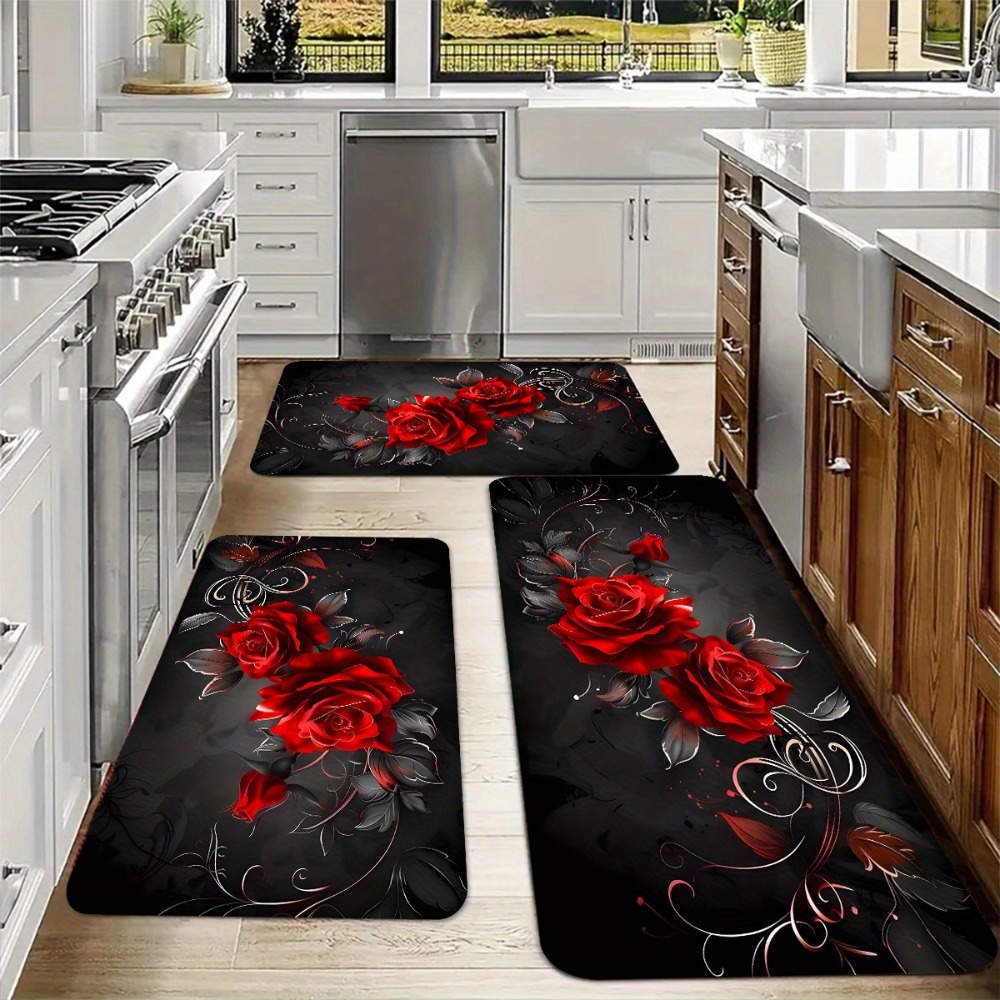 Commercial Kitchen Background - Zestaw dywaników kuchennych z czerwonymi różami
